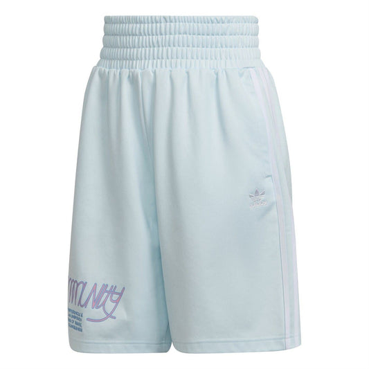 Light blue Adidas Originals athletic sweat shorts with elastic waistband and side trefoil