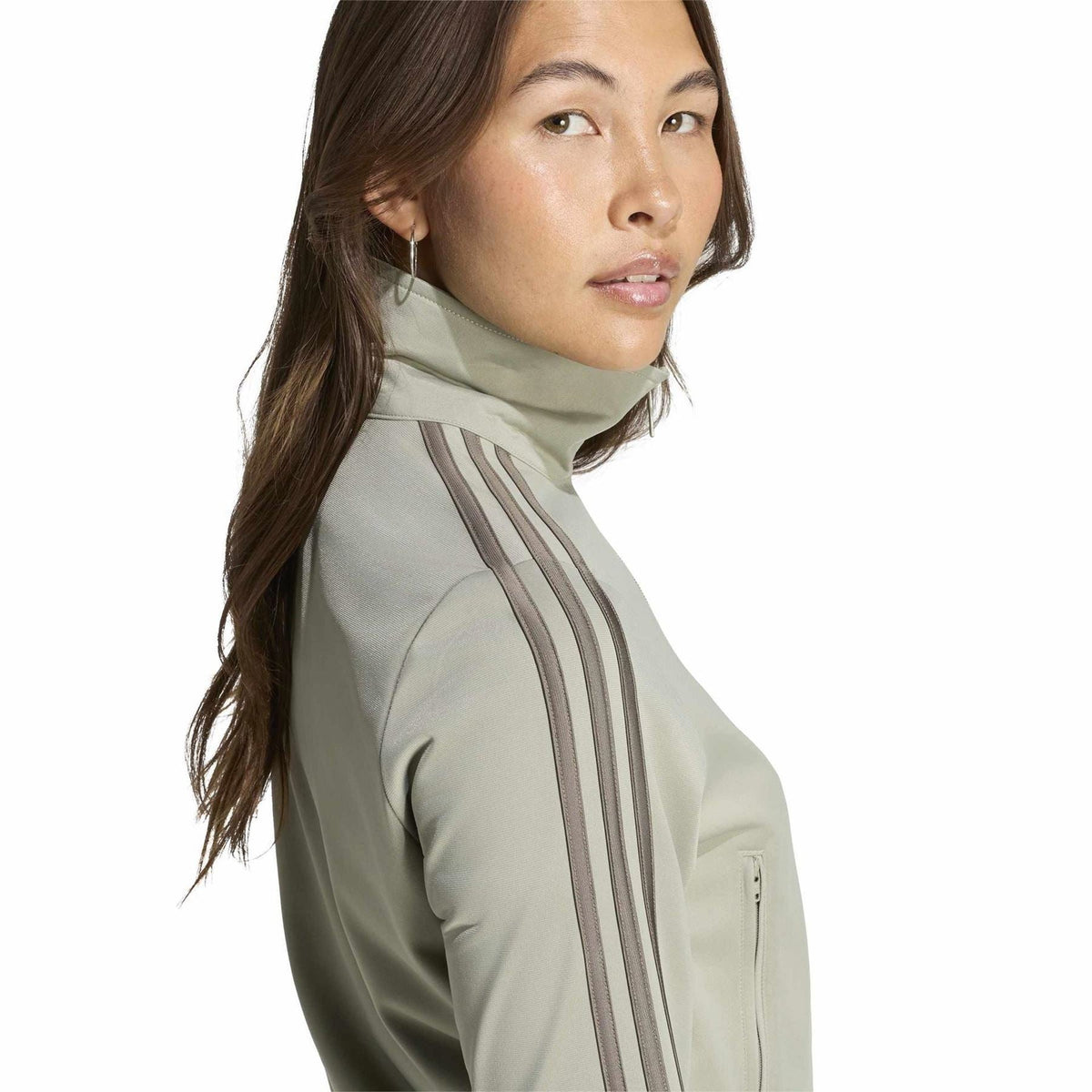 Sage track jacket top with stand collar, trefoil logo, and striped sleeve trim
