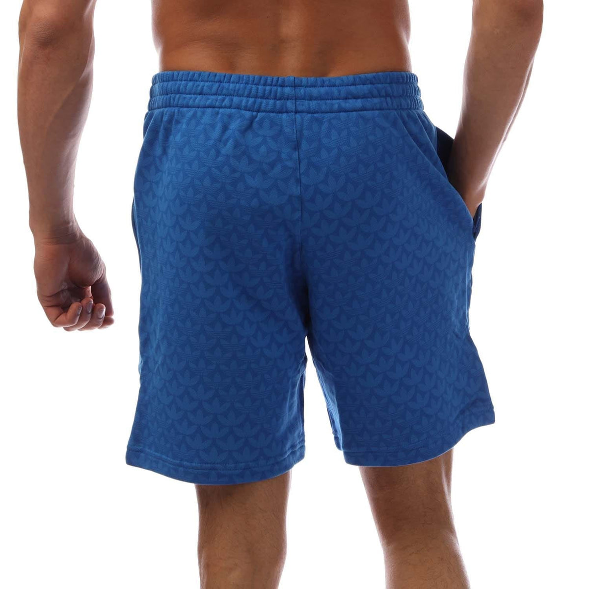 Blue adidas Originals monogram graphic shorts, elastic waist with curved hem