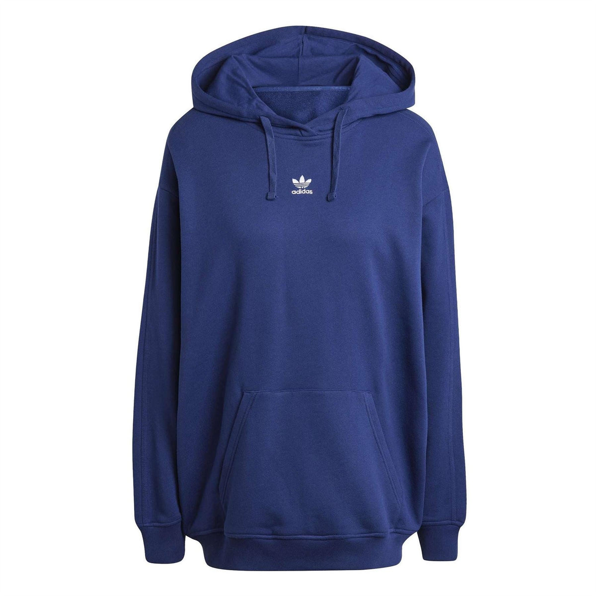 Dark blue adidas Originals hoodie with hood, drawstrings, and front kangaroo pocket