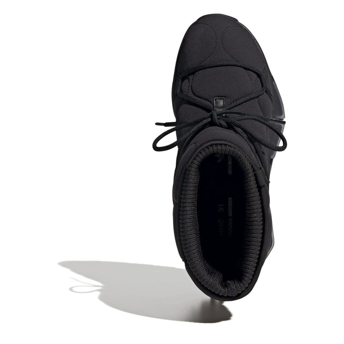 Black Adidas boot with lace-up front and knit sock-style collar opening.