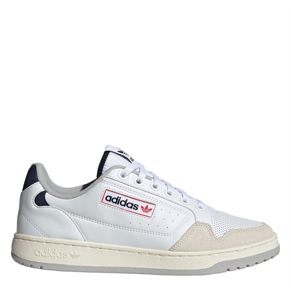 adidas low-top trainers in white with navy collar and red adidas logo patch