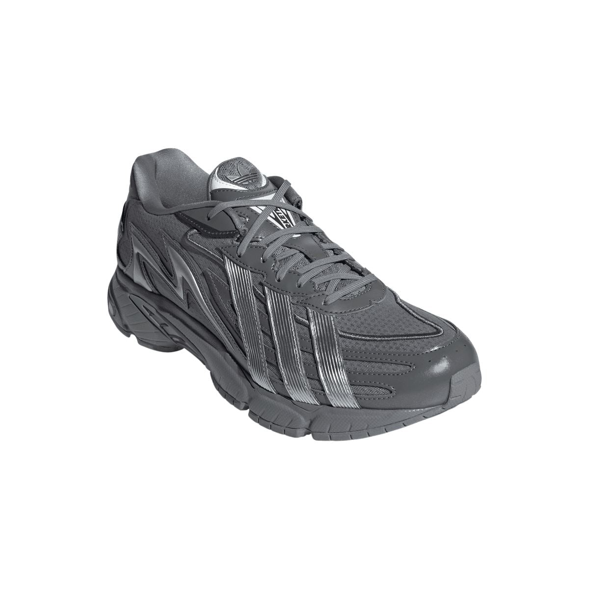 Grey adidas lace-up trainers with ribbed stripe design and thick sole unit