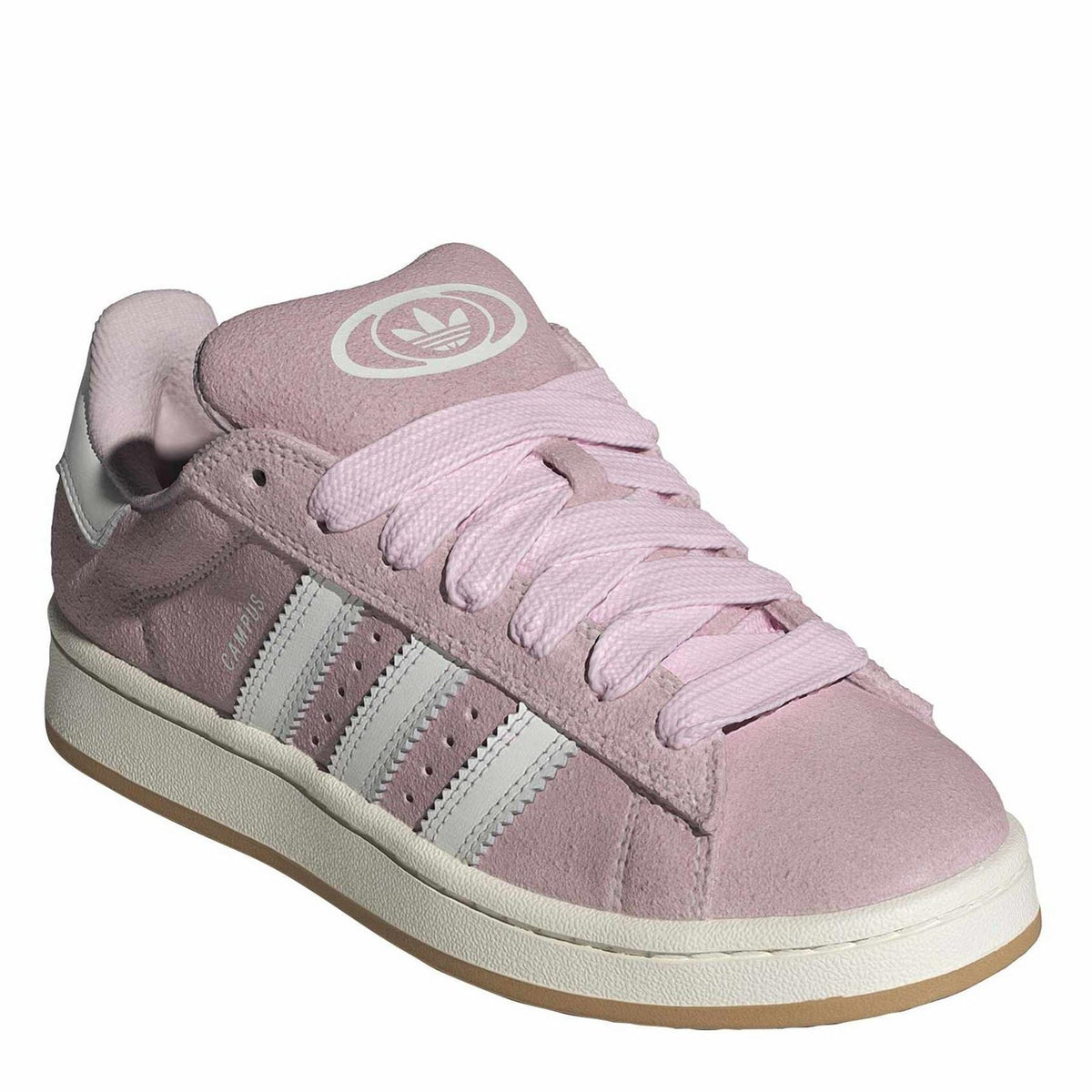 Pink suede trainers with lace-up front, adidas logo on tongue, beige sole