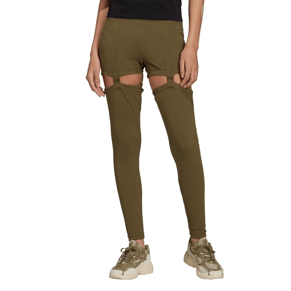 2-in-1 skinny fit leggings, olive long fit with built-in short underlay at thigh