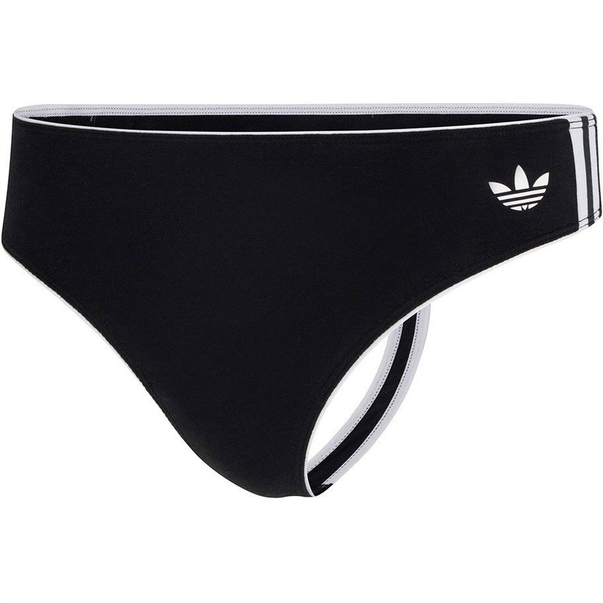 Black cotton thong underwear with ribbed waistband and white Adidas stripes and logo
