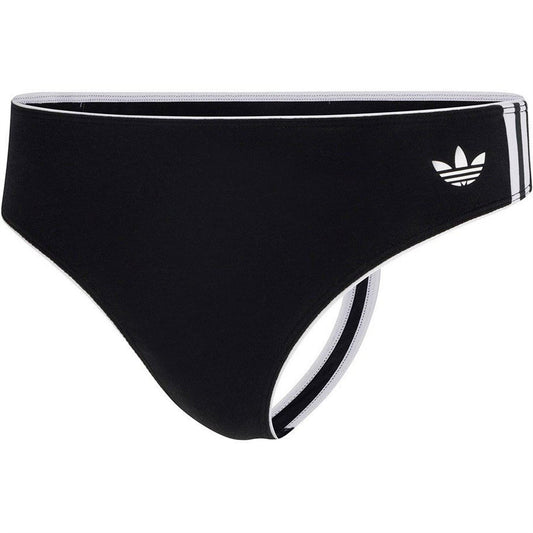Black cotton thong underwear with ribbed waistband and white Adidas stripes and logo