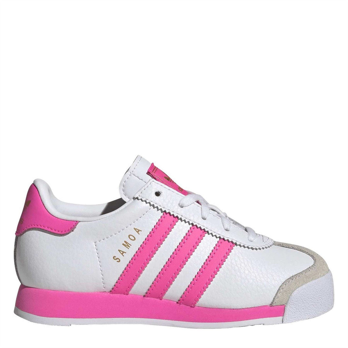 Kids' low-top canvas sneakers, white with pink stripes and lace-up closure