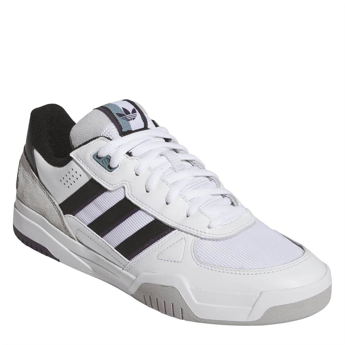 White lace-up trainers with black stripes and textured panel detail