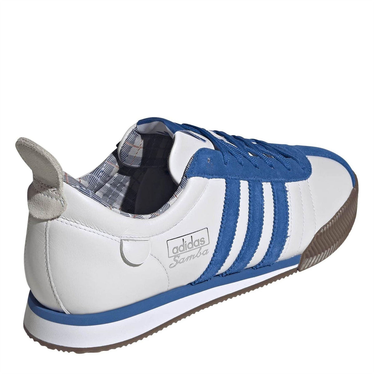 adidas Samba 62 low-top lace-up sneakers, white leather with blue suede panels and heel tab