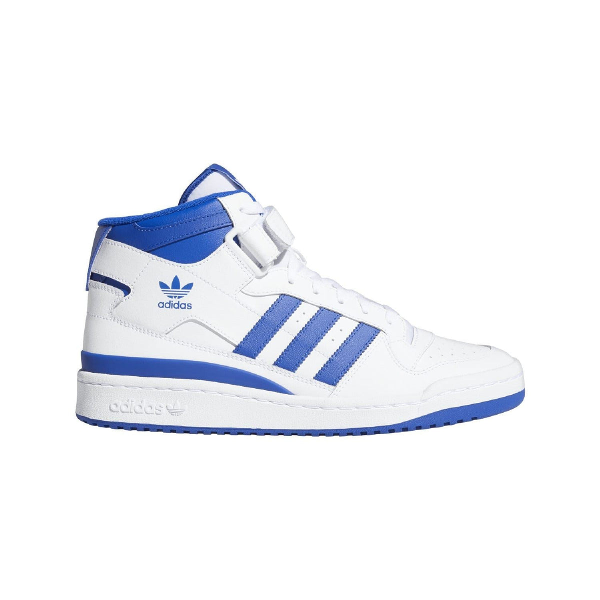White and blue mid-top trainers with three stripes and lace-up closure