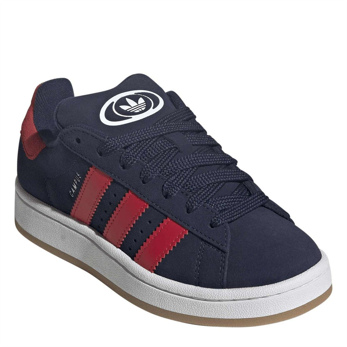 Kids low-top sneakers with adidas tongue logo, navy suede and red stripe detailing