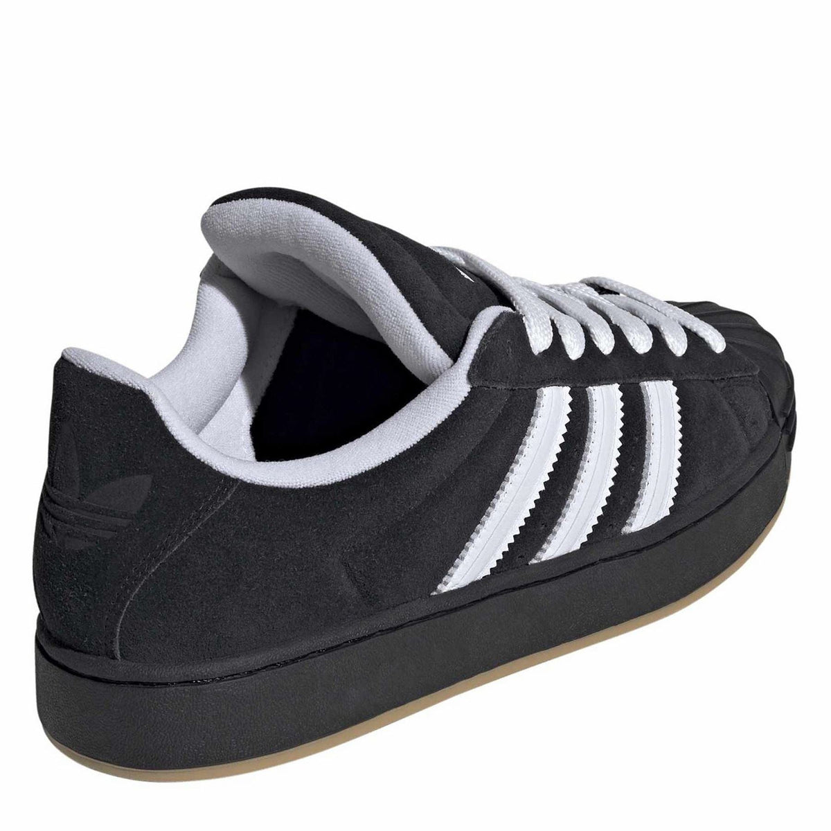 Black adidas low-top sneaker with padded collar, white stripes on side, lace-up