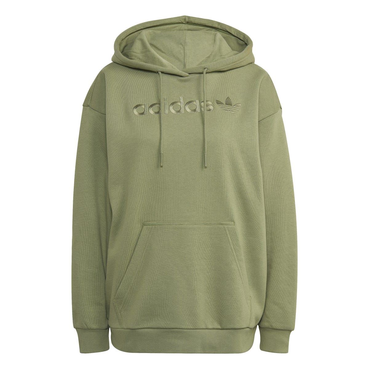 Green adidas Originals pullover hoody front view with adidas logo and drawstring hood