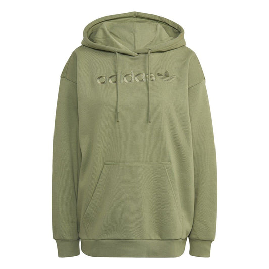 Green adidas Originals pullover hoody front view with adidas logo and drawstring hood