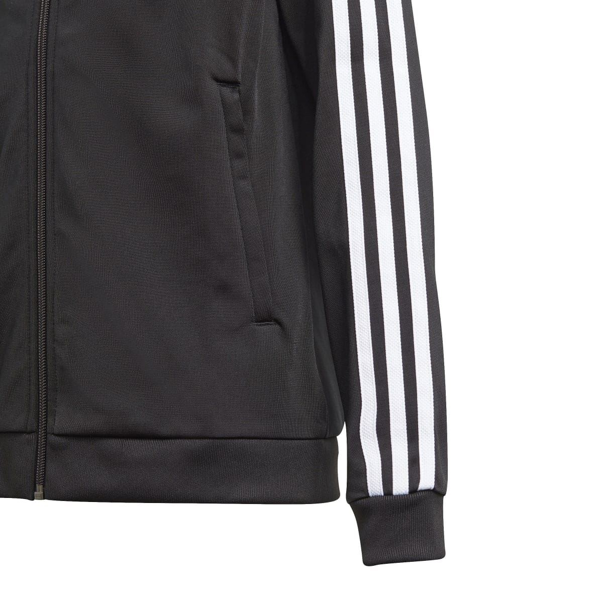Black adidas juniors track jacket lower front with zip placket and striped sleeve cuff