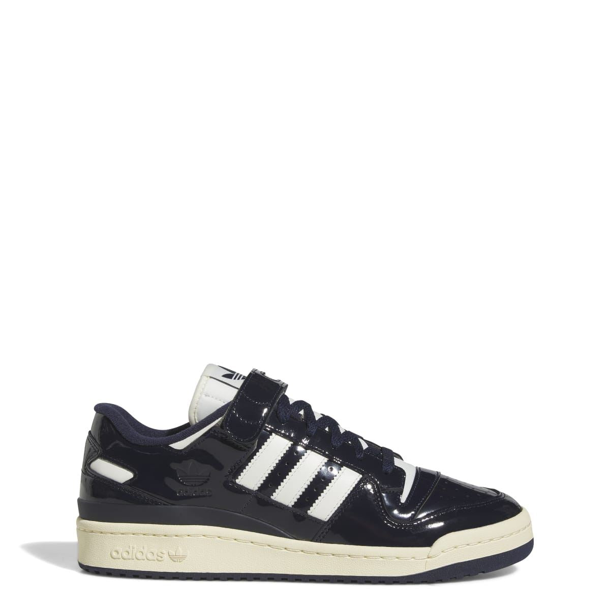 Dark navy adidas low-top trainers with white stripes and off-white platform sole
