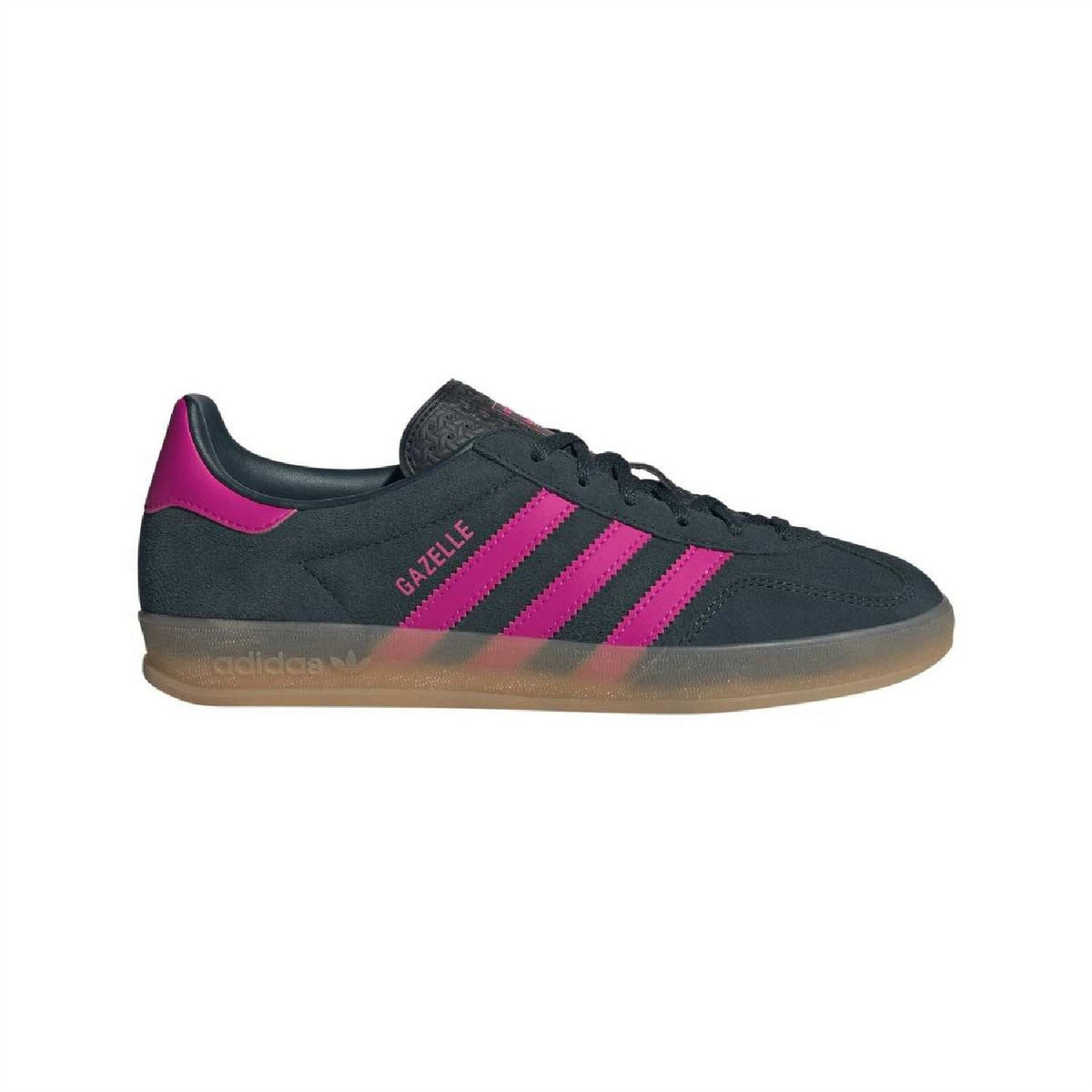 adidas Gazelle indoor trainers in dark teal with magenta stripes and gum sole