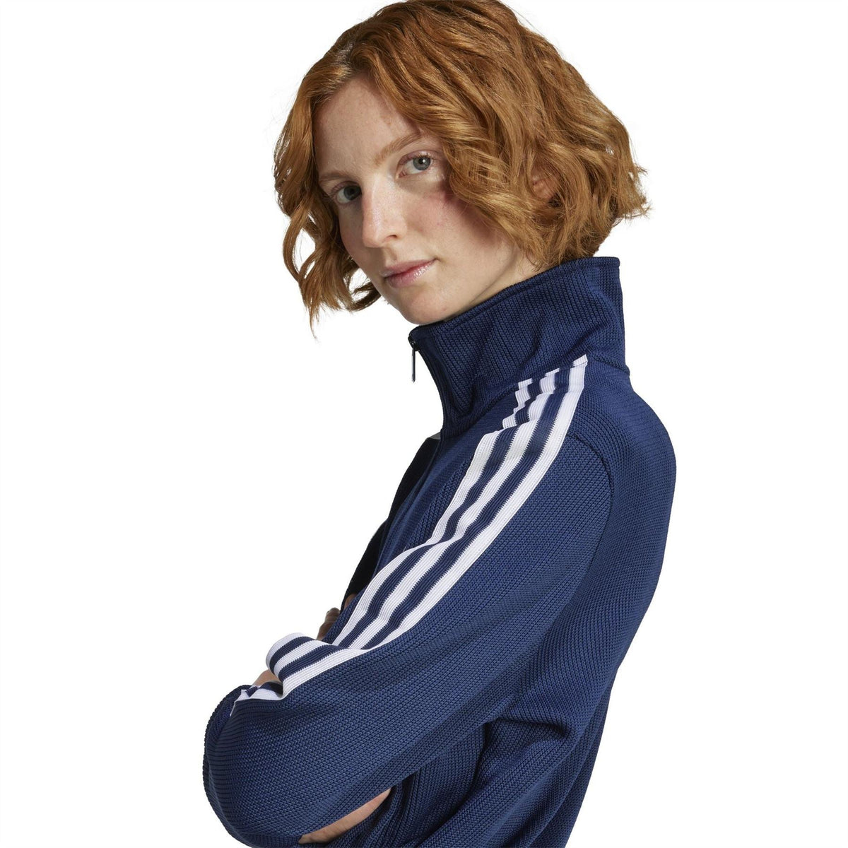 Women’s knit track jacket collar closeup, three white sleeve stripes, full-zip front