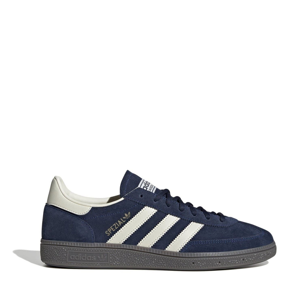 Navy suede low top sneakers with three white adidas stripes and lace-up closure.