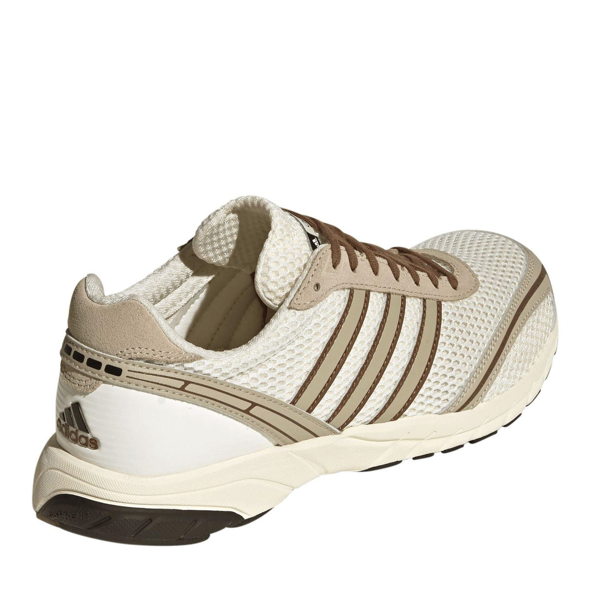 Off-white adidas Adizero trainers with brown accents and heel detail, lace-up