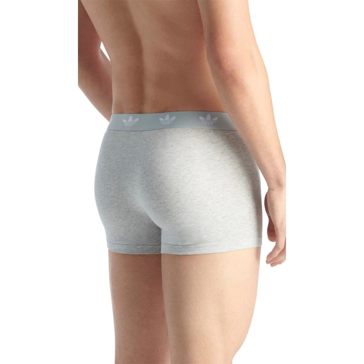 Men's light grey adidas logo boxer trunks, back view