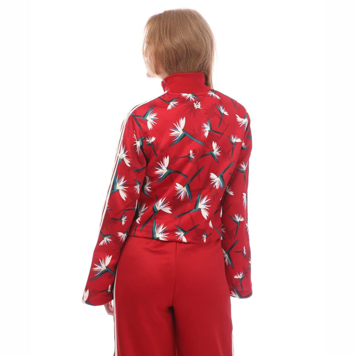 Red floral track jacket back view with full zip and white stripe sleeves