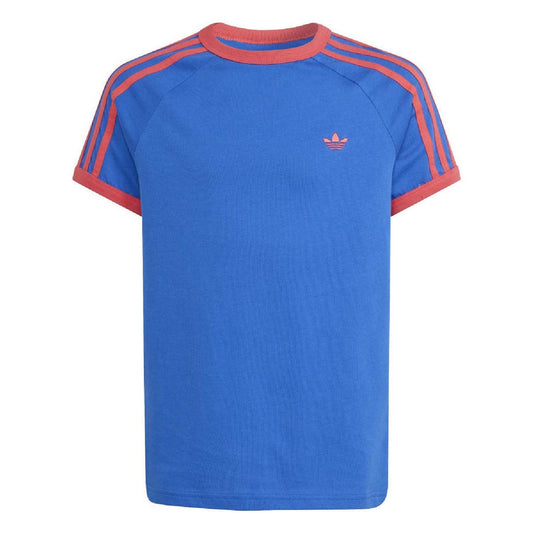 Kids blue T-shirt with orange-striped shoulder panels and small adidas trefoil logo