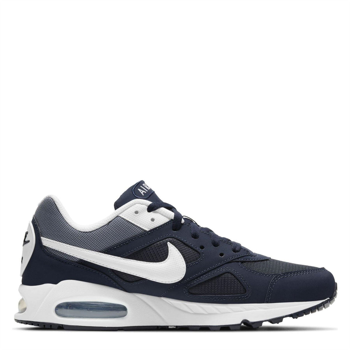 Dark navy and white Nike Air Max trainers, blue swoosh, visible air sole unit