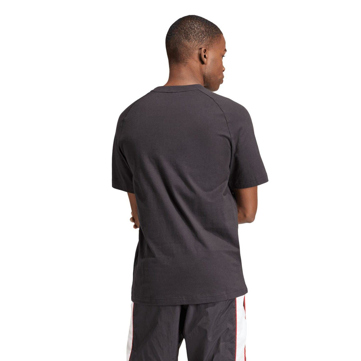 Black T-shirt back view with crew neck and short sleeves