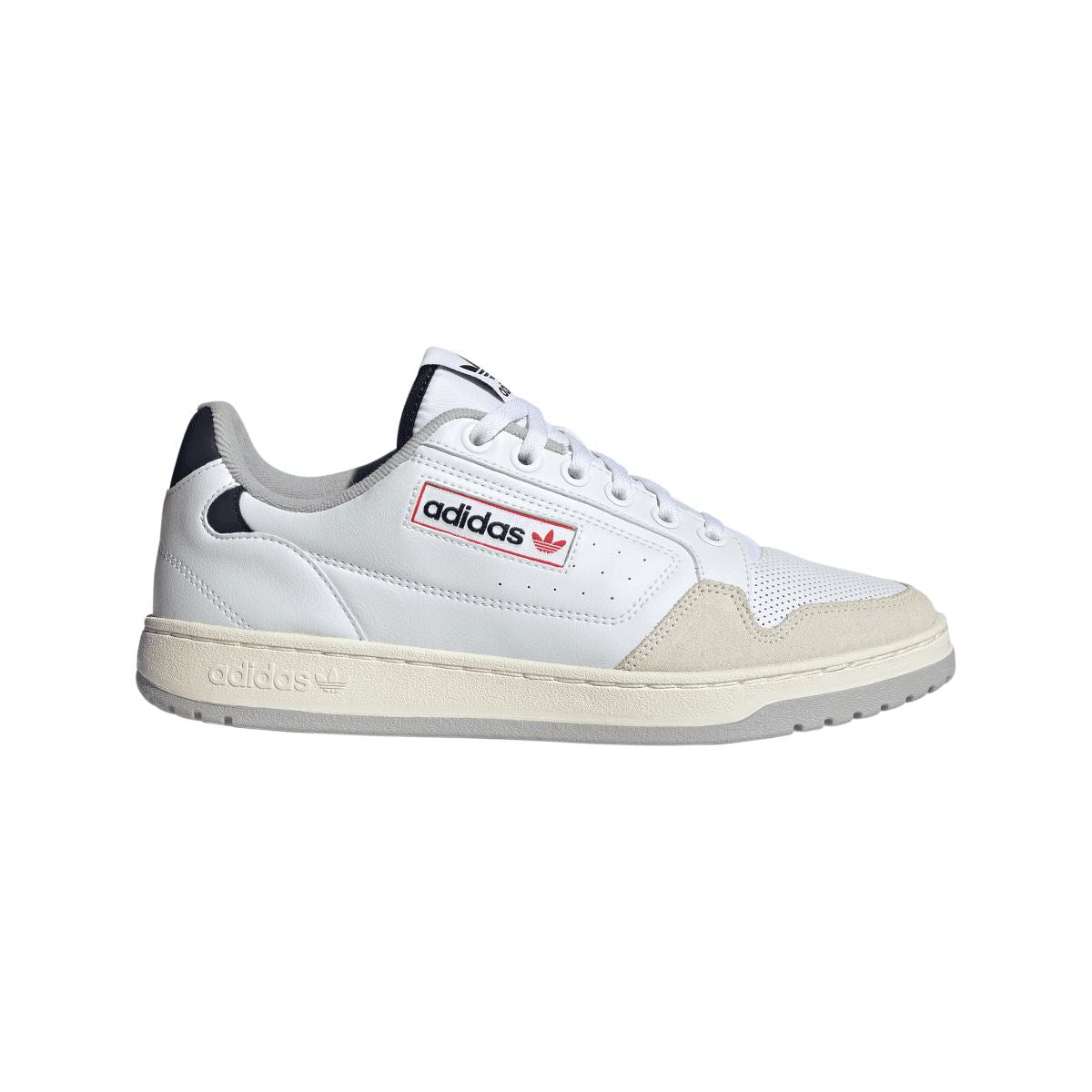 White adidas NY 90 low-top trainers with suede overlays and lace-up closure.