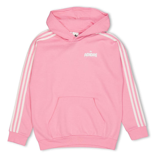 Pink junior pullover hoodie with hood, kangaroo pocket, and adidas Originals logo