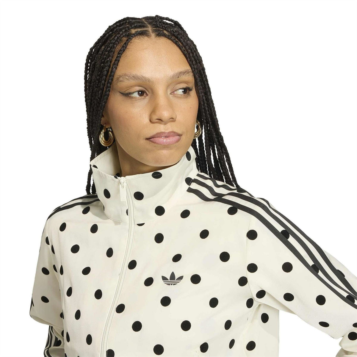 adidas Originals hooded track jacket close-up, off-white with black polka dots