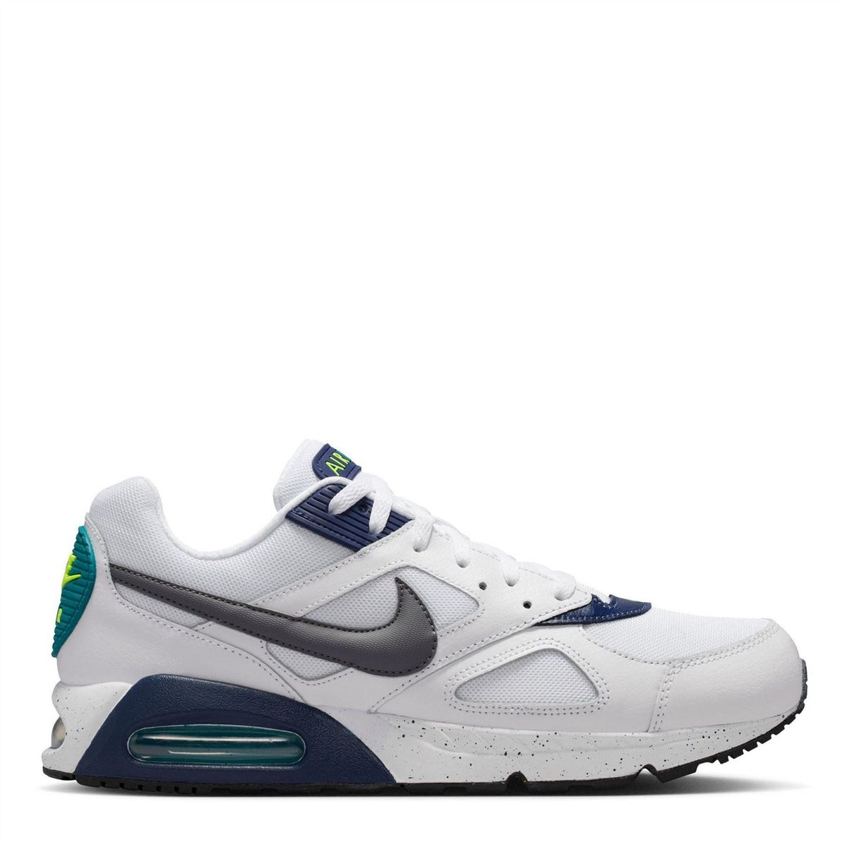 Air Max Ivo trainers, white upper with navy swoosh and teal/green side accents.