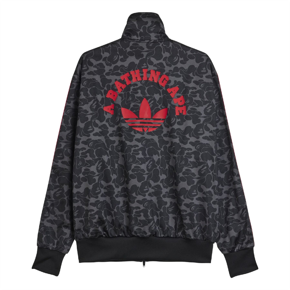 Black camo track jacket with red trefoil logo and full-zip stand collar
