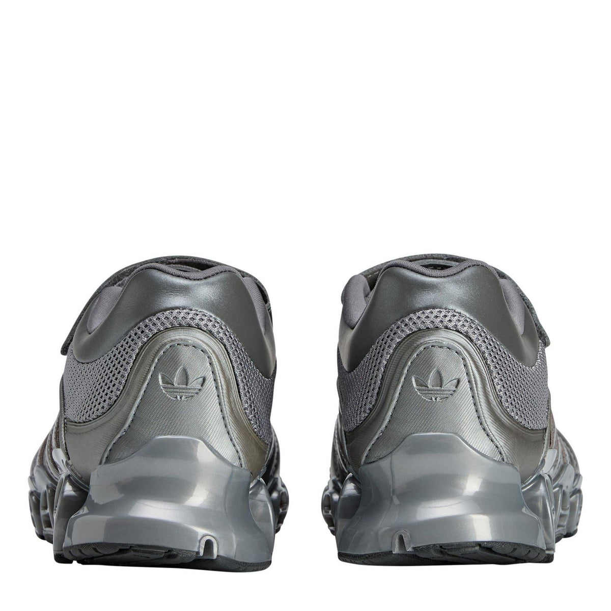 Gray adidas Originals Megaride Taqw sneakers, back view with heel padding and cage