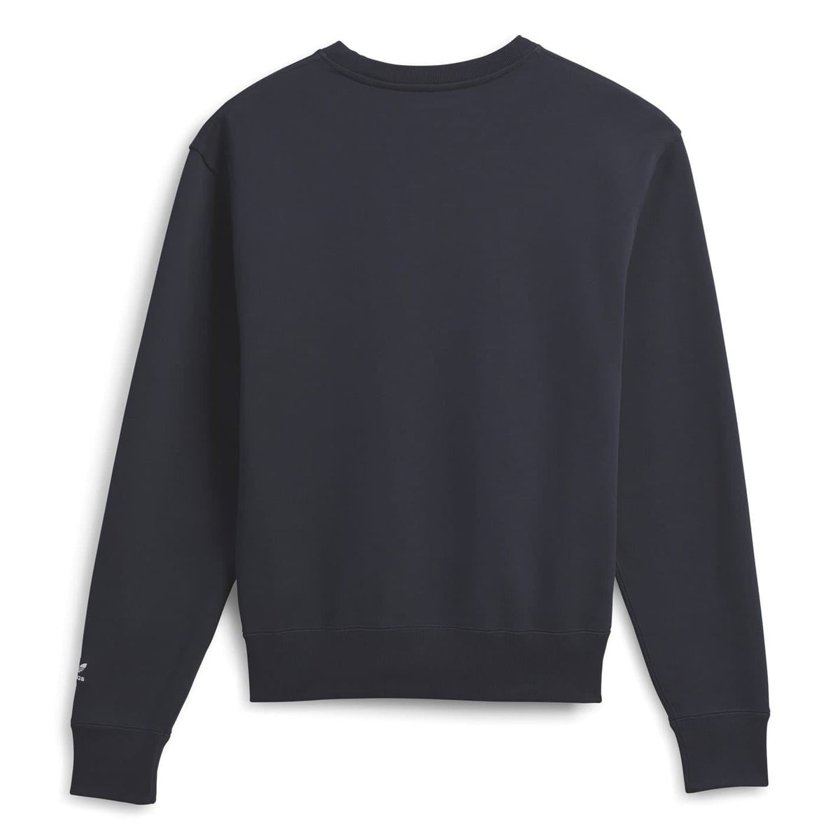 Dark navy crewneck sweatshirt, relaxed fit; long sleeves and ribbed hem and cuffs.
