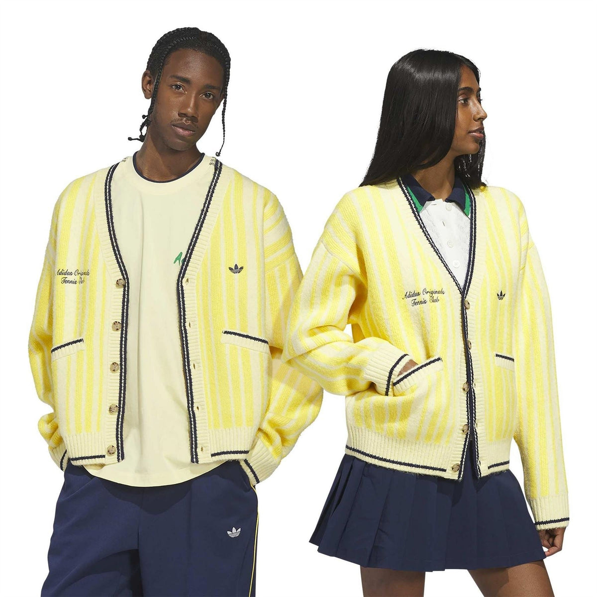Yellow striped cardigan with navy V-neck, button front, and ribbed cuffs and hem.