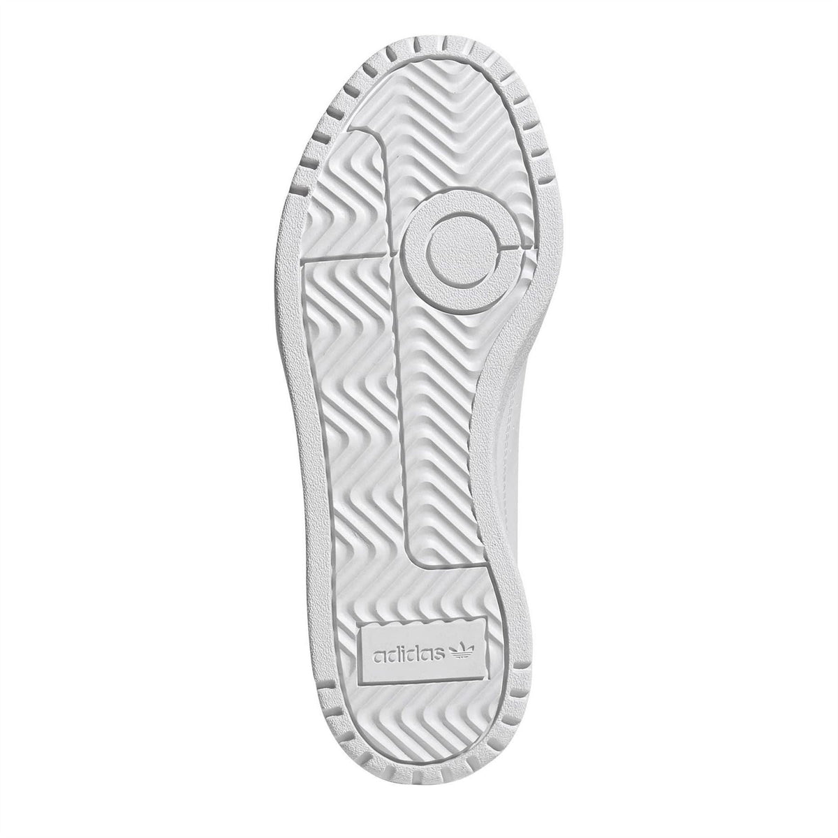 White rubber outsole with detailed tread and adidas logo on heel