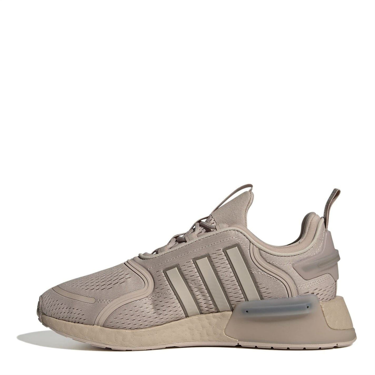 Beige low-top lace-up NMD V3 sneakers with three-bar side stripes and ribbed heel tab