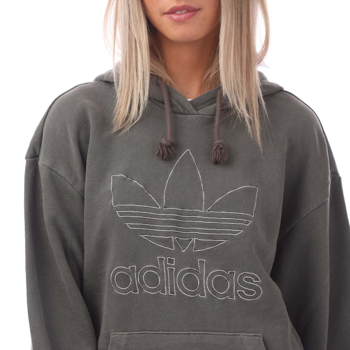 Dark gray adidas hoodie with tassel drawstrings and large front graphic print