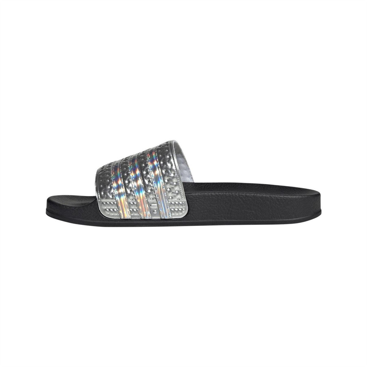 Junior black slide sandals with wide silver iridescent strap