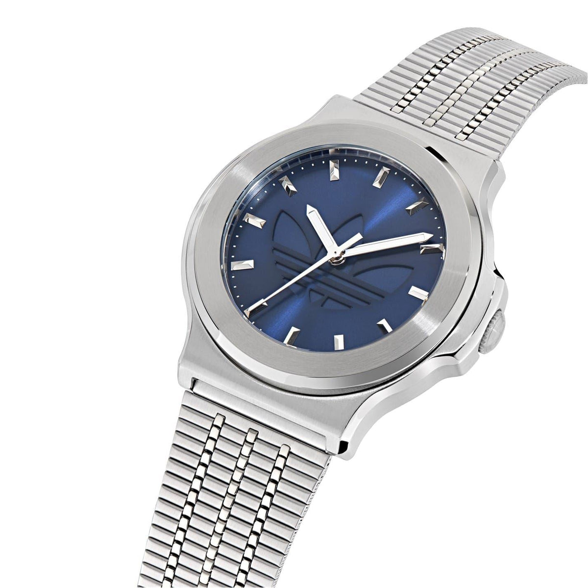 adidas Originals analog watch angled view, dark blue dial, silver metal mesh strap