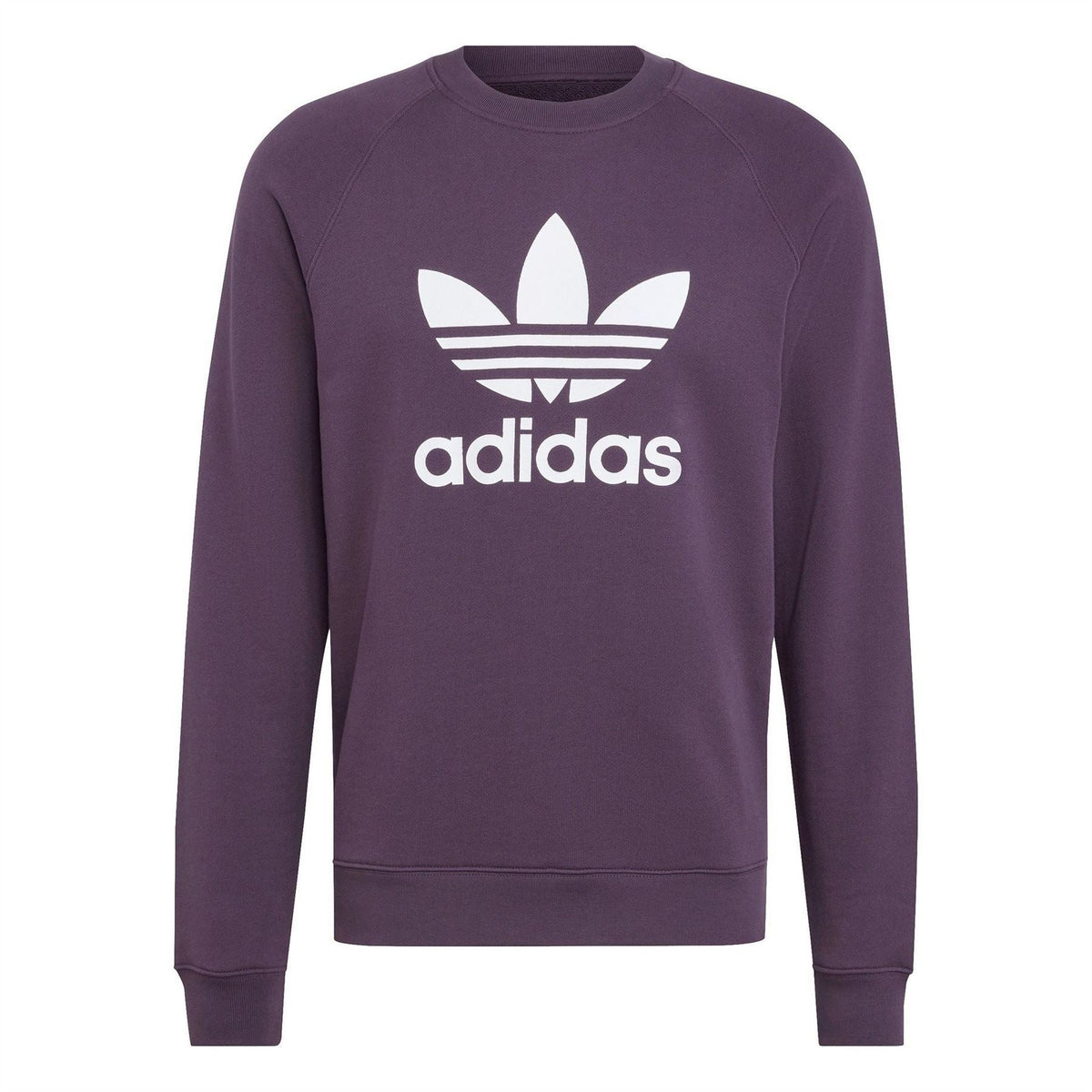 Dark purple adidas Trefoil crew sweatshirt with ribbed crew neck and cuffs.