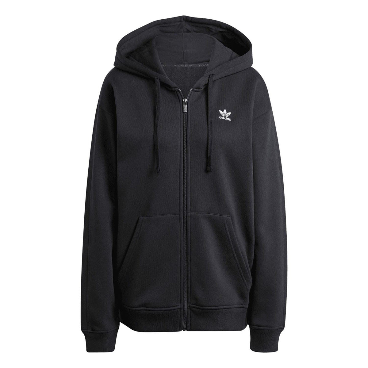 Black adidas full-zip hoodie with hood, zip front, drawstrings, kangaroo pocket