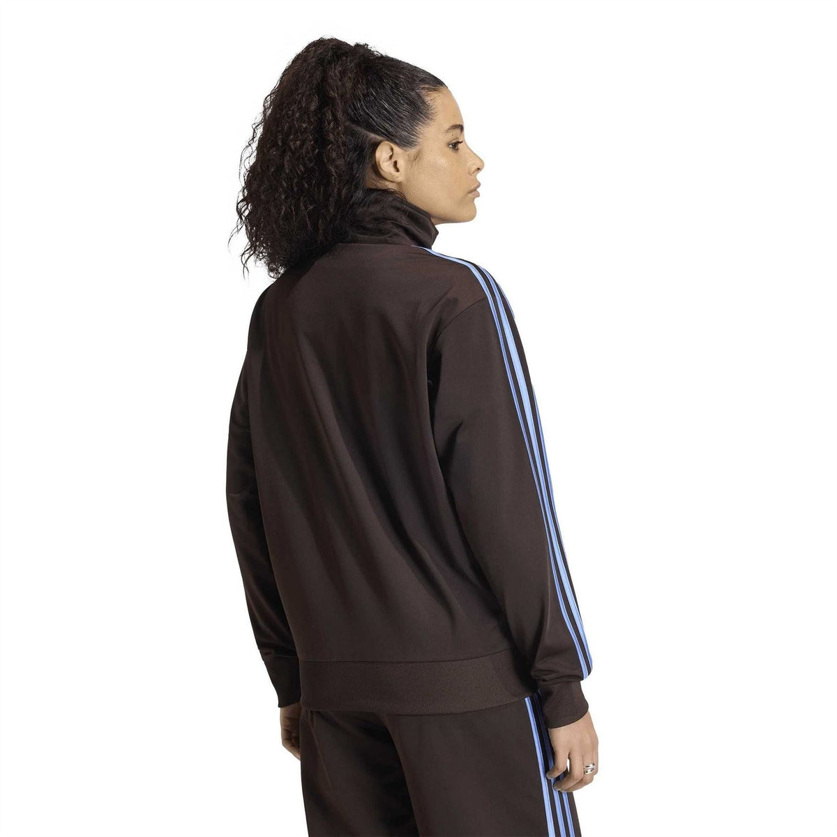 adidas Originals relaxed-fit high-neck zip top, back/side view with blue sleeve stripes