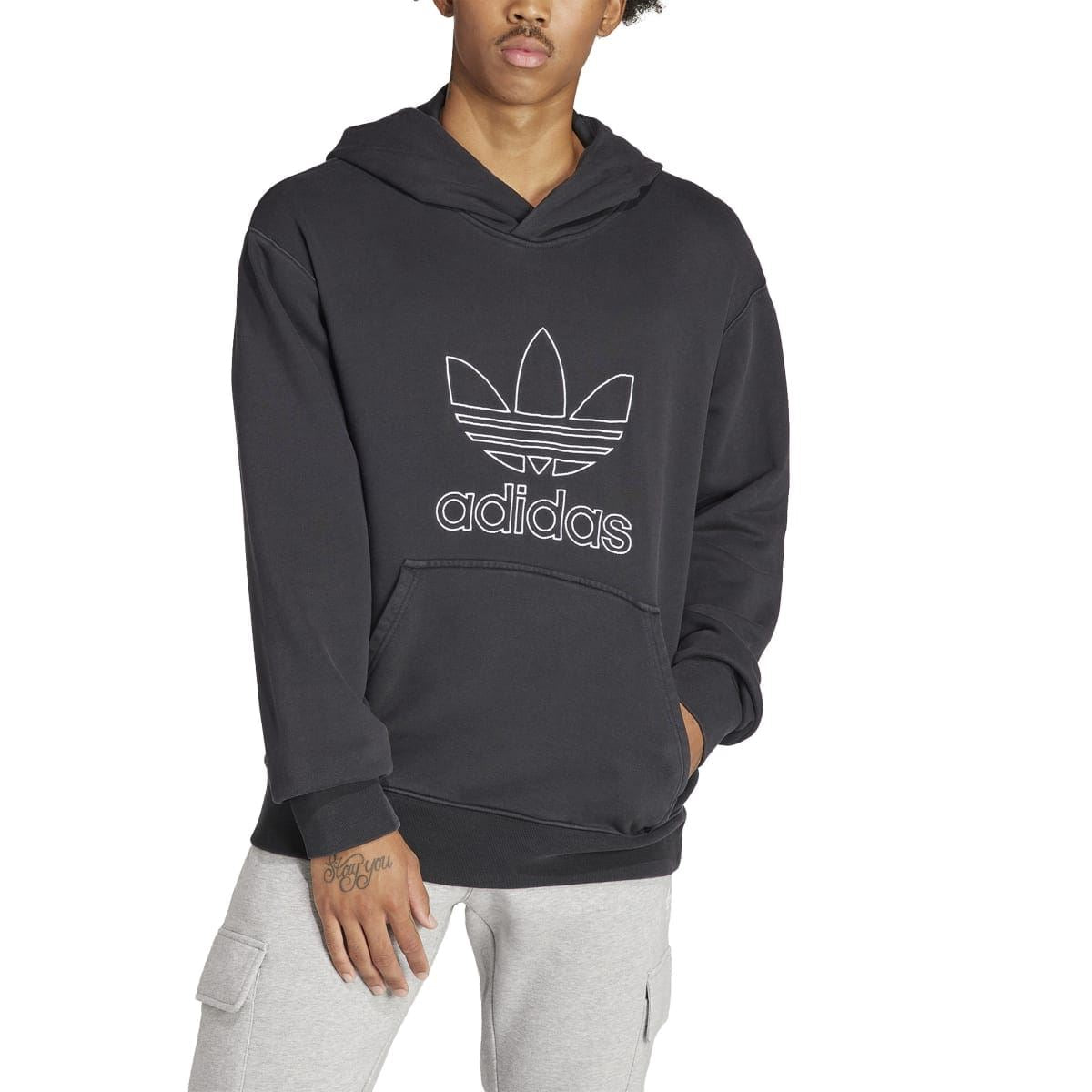 Black pullover hoodie with outline trefoil adidas logo across chest