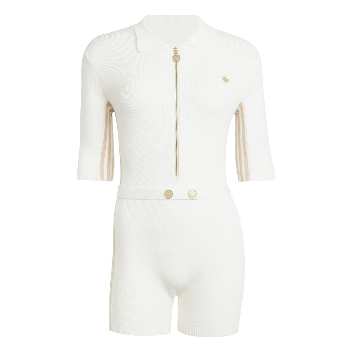 Off-white knit onesie with front gold zipper and ribbed collar, logo on chest