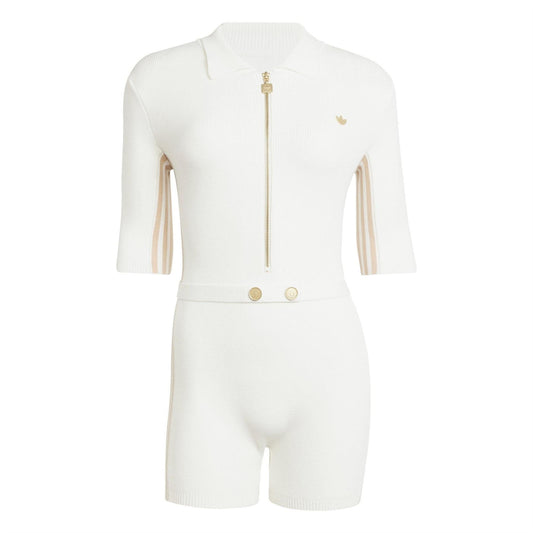 Off-white knit onesie with front gold zipper and ribbed collar, logo on chest