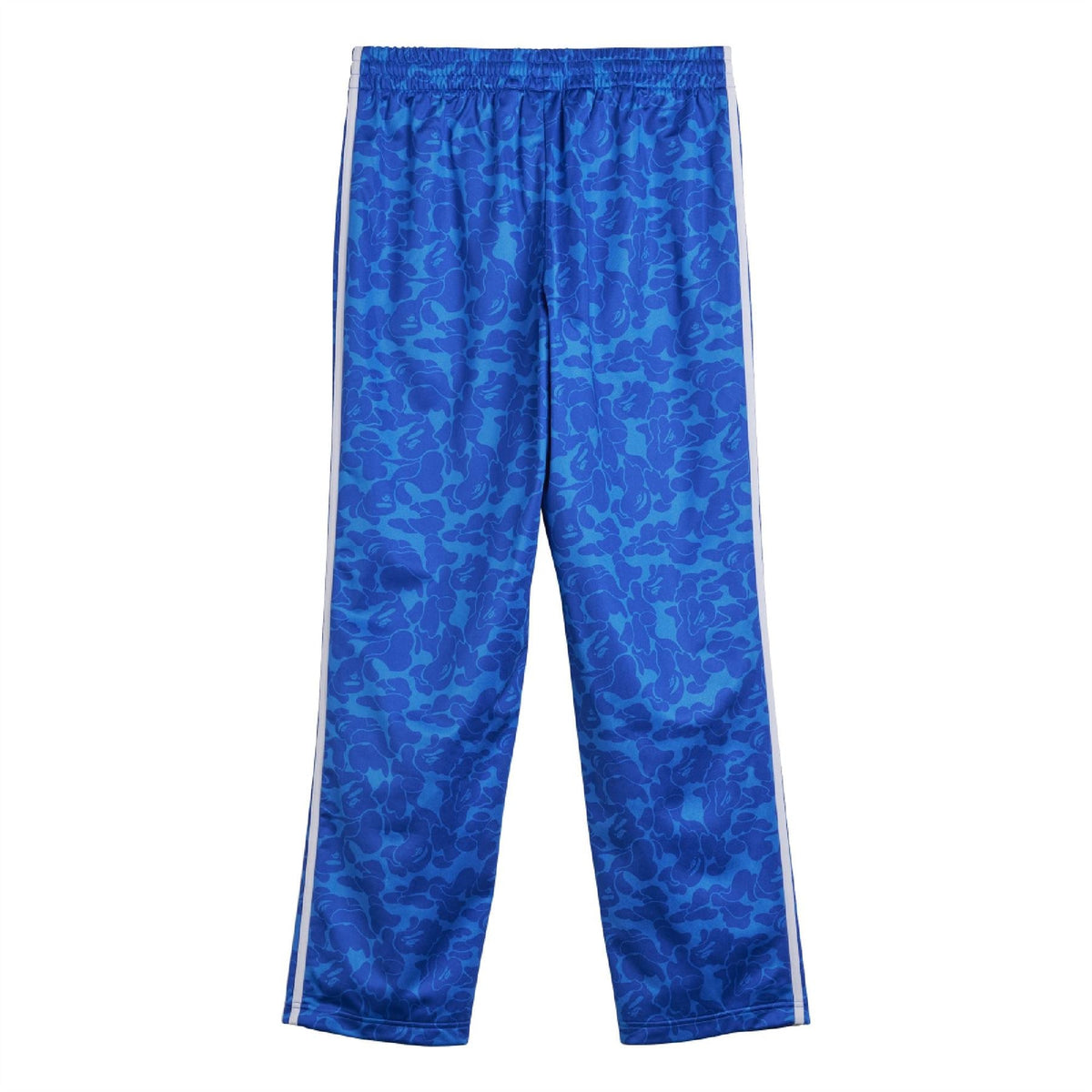 Blue camouflage track pants with white triple stripes along the legs